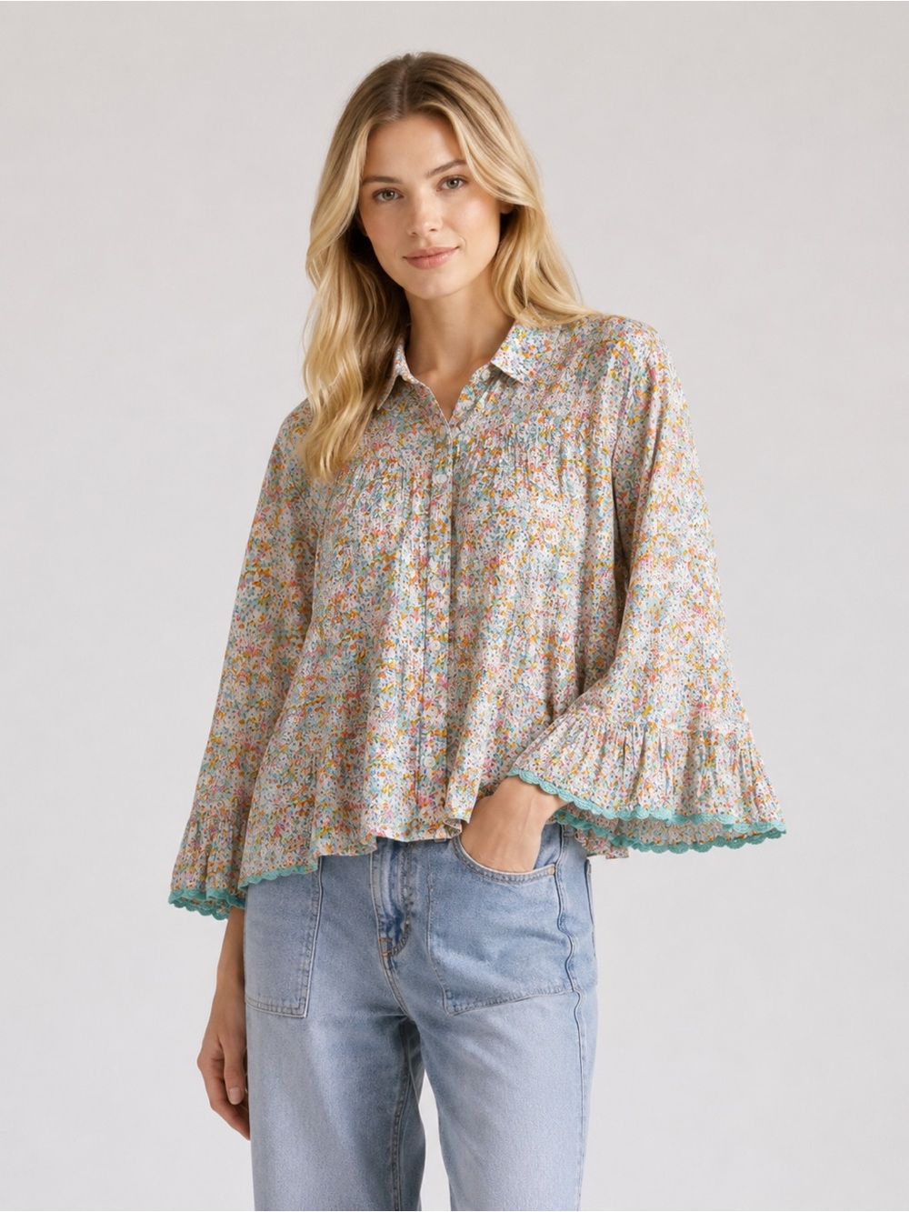 Sister Mary Luz Floral Bell Sleeve Blouse Boho Cottagecore Large Western